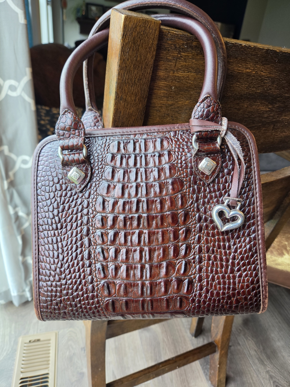Brighton Croc-Embossed Dark Brown Satchel with Heart Charm